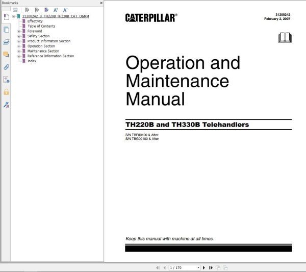 CAT Telehandler TH330B Operation And Maintenance Manual