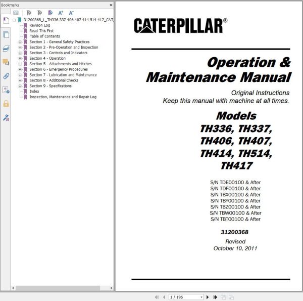 CAT Telehandler TH336 Operation And Maintenance Manual
