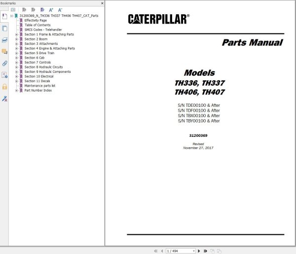 CAT Telehandler TH336 Parts Manual