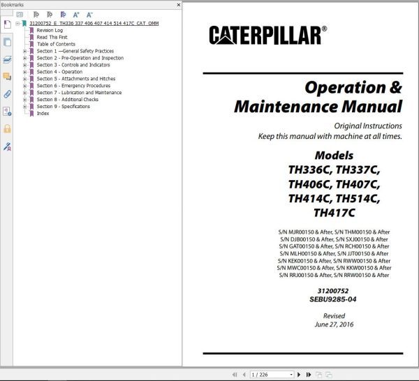 CAT Telehandler TH336C Operation And Maintenance Manual