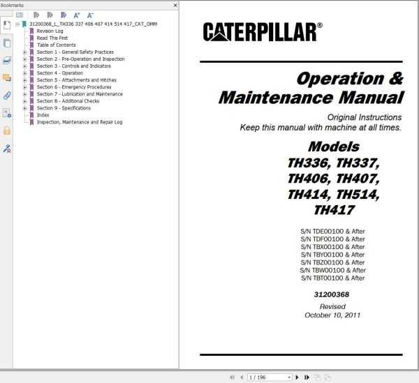 CAT Telehandler TH337 Flash Files Parts Manual Service Manual Operation And Maintenance Manual