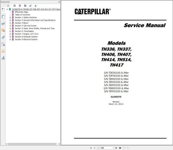 CAT Telehandler TH337 Service Manual