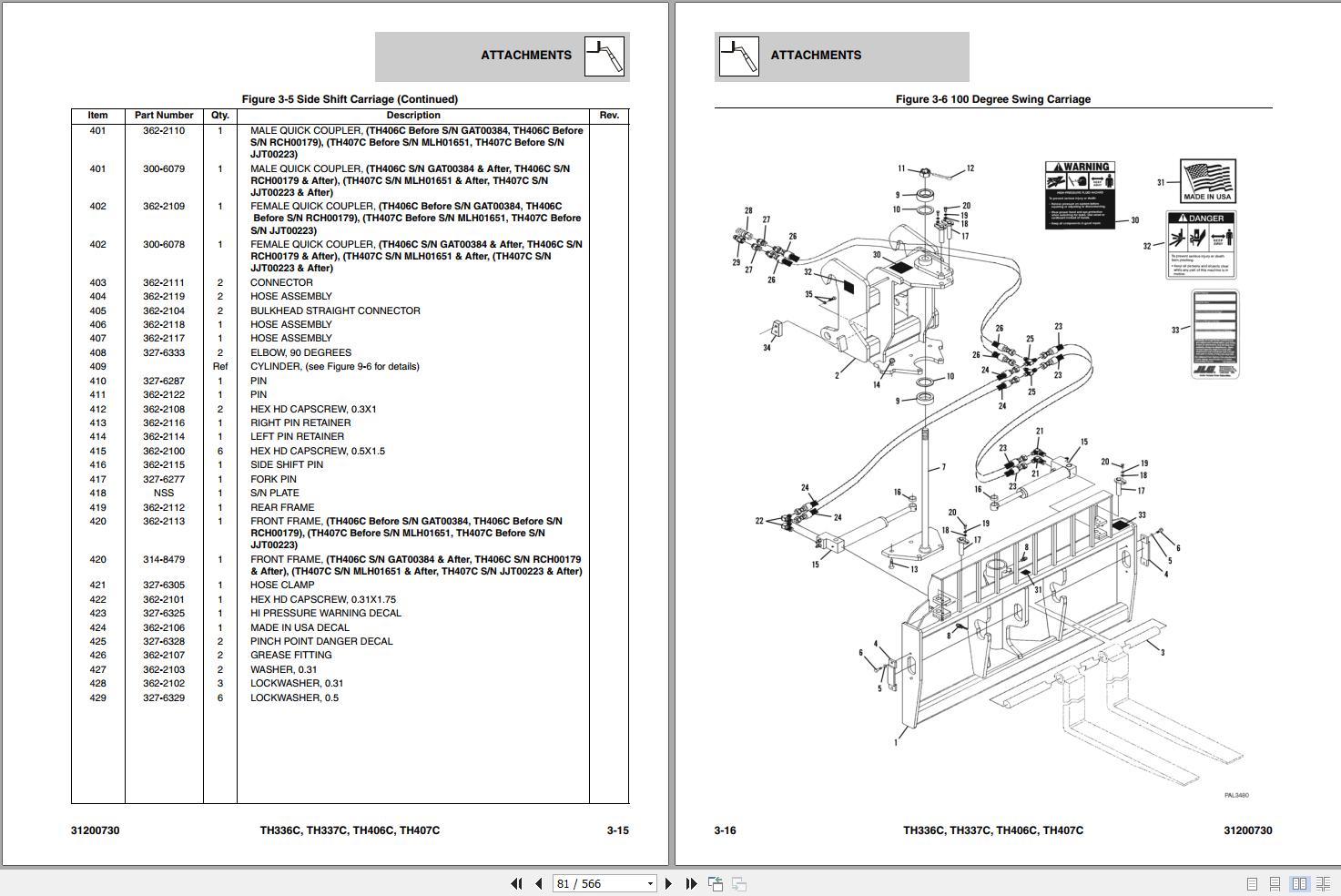 CAT Telehandler TH337C Parts Manual