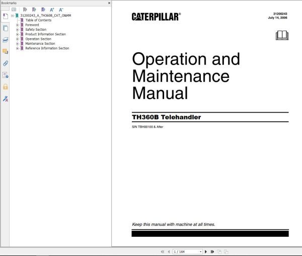 CAT Telehandler TH360B Flash Files Parts Manual Service Manual Operation And Maintenance Manual