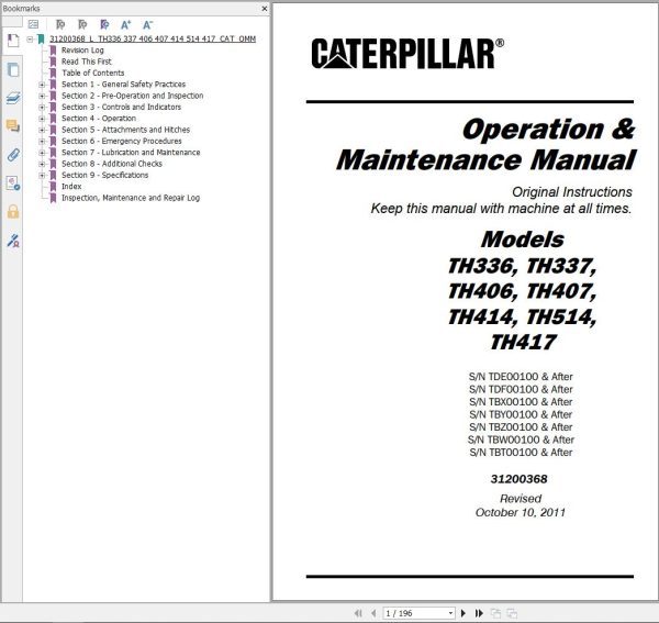 CAT Telehandler TH406 Operation And Maintenance Manual