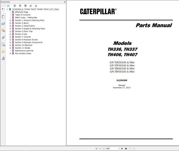 CAT Telehandler TH406 Parts Manual
