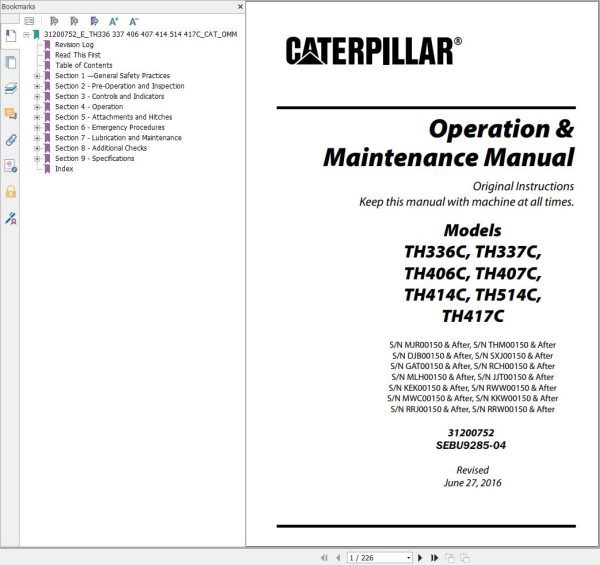 CAT Telehandler TH406C Operation And Maintenance Manual