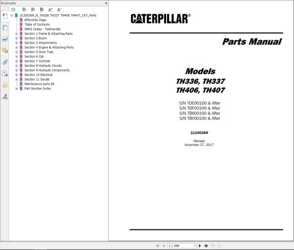 CAT Telehandler TH407 Parts Manual