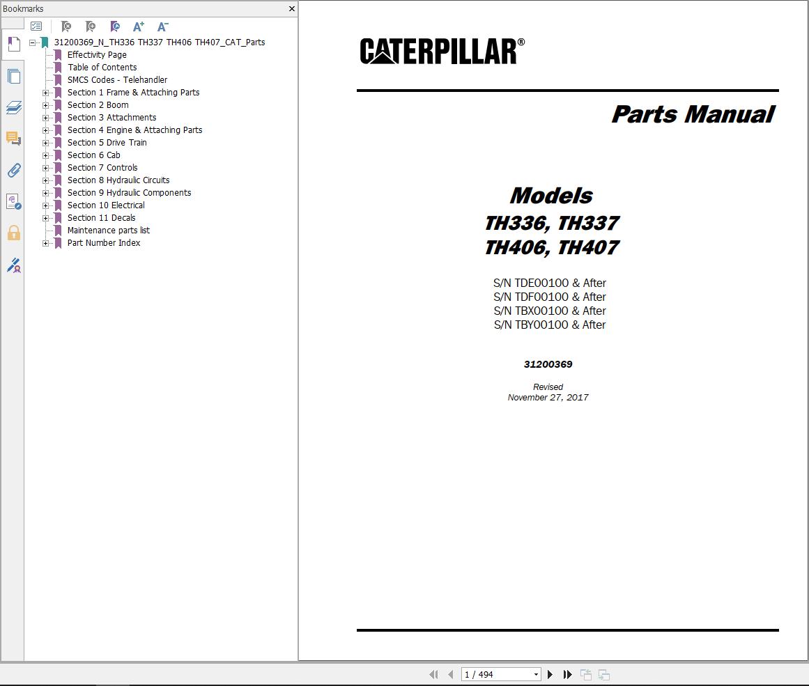 CAT Telehandler TH407 Parts Manual