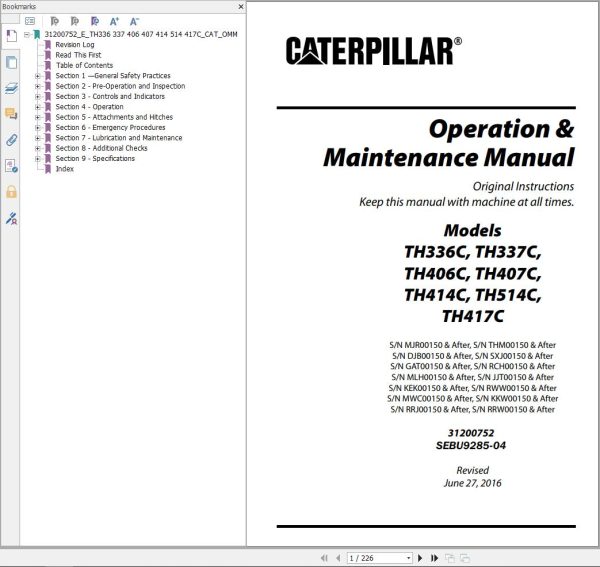CAT Telehandler TH407C Operation And Maintenance Manual