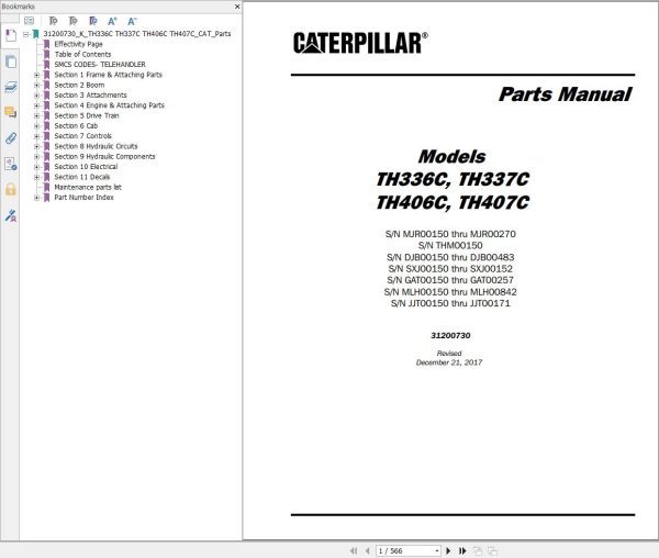 CAT Telehandler TH407C Parts Manual