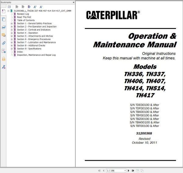 CAT Telehandler TH414 Operation And Maintenance Manual