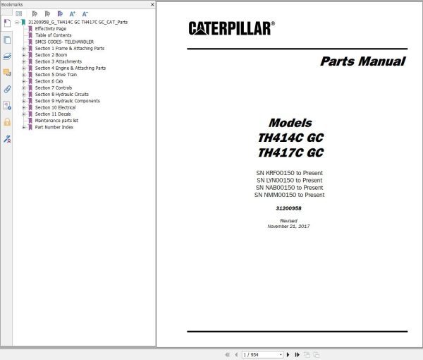 CAT Telehandler TH414C GC Parts Manual