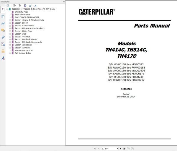 CAT Telehandler TH414C Parts Manual