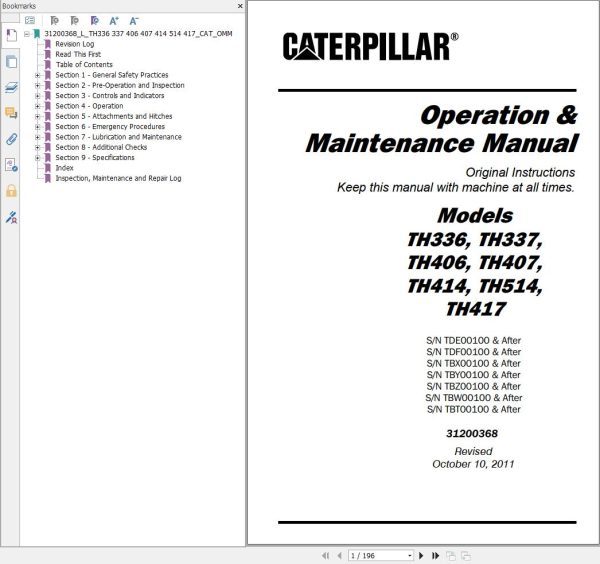 CAT Telehandler TH417 Parts Manual Service Manual Flash Files Operation And Maintenance Manual