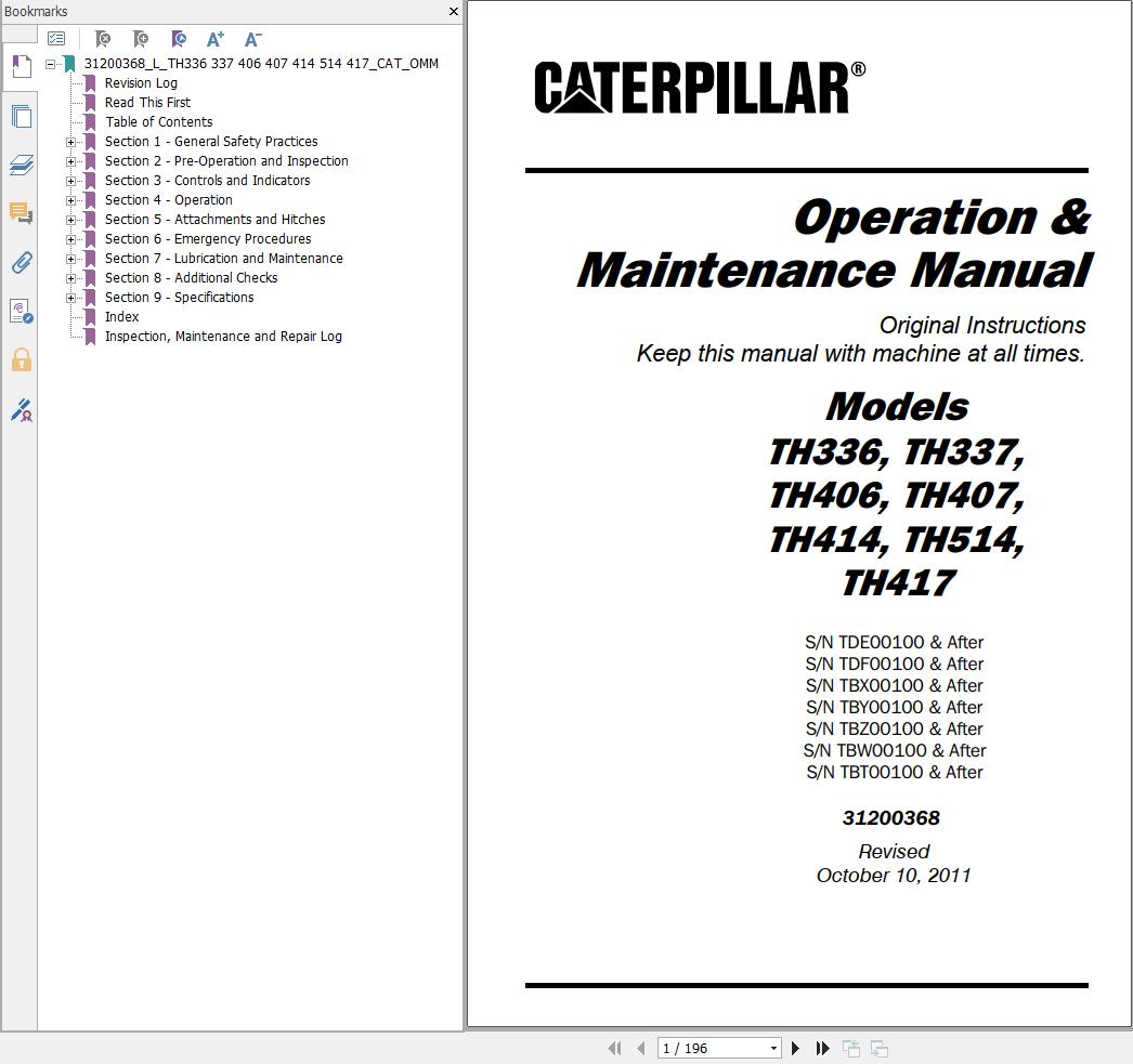 CAT Telehandler TH417 Parts Manual Service Manual Flash Files Operation And Maintenance Manual