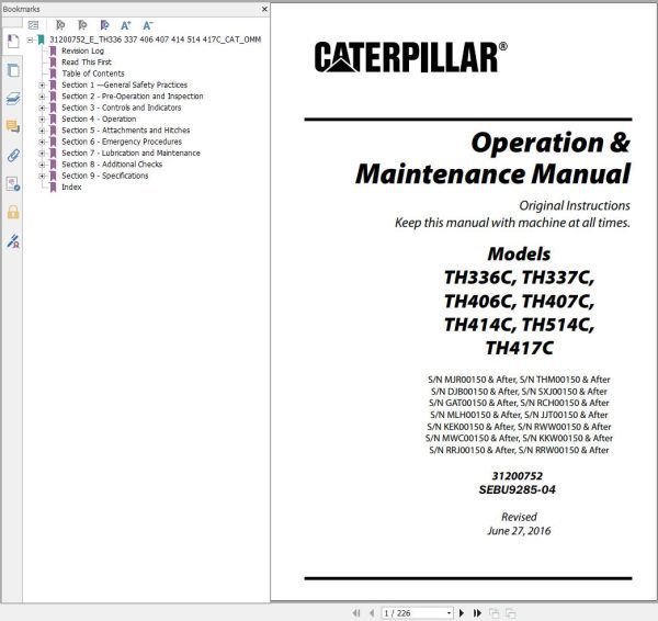 CAT Telehandler TH417C Operation And Maintenance Manual