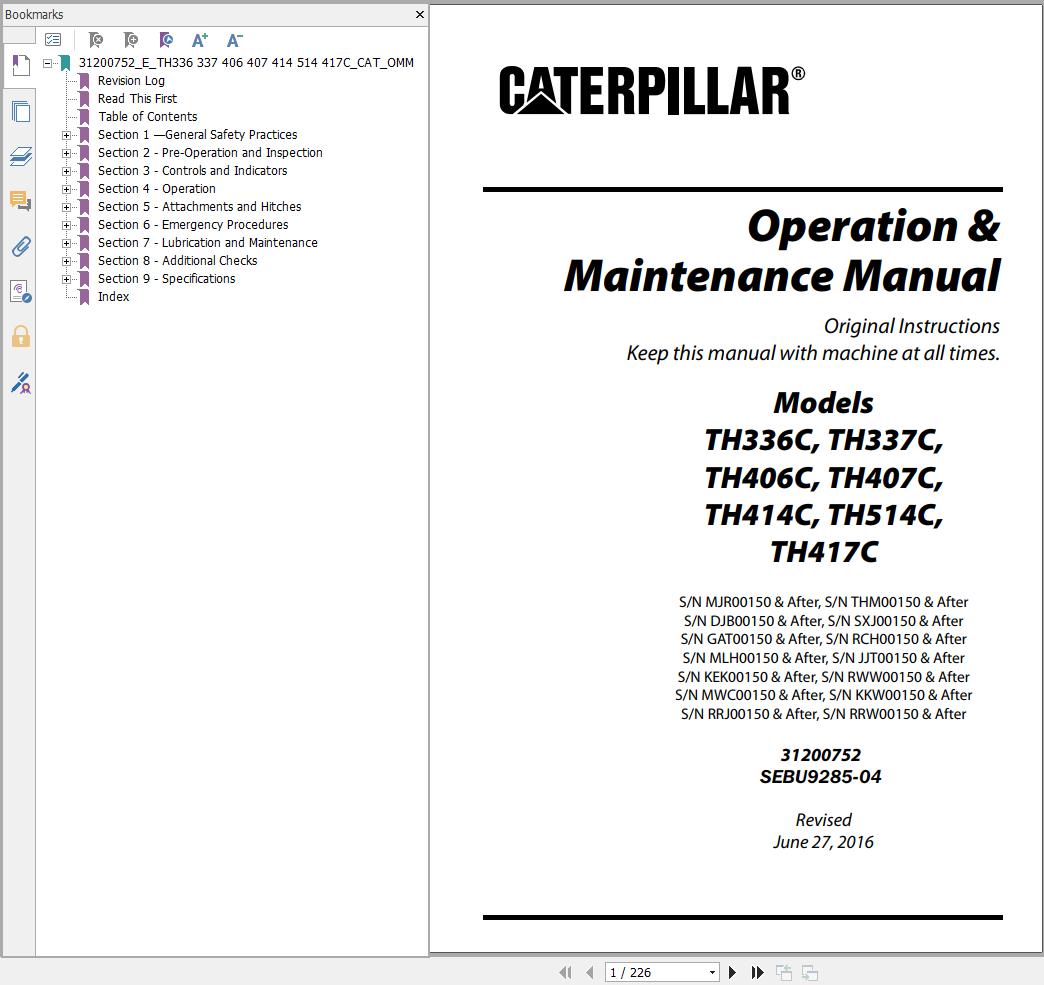 CAT Telehandler TH417C PartsService Manual Operation And Maintenance Manual
