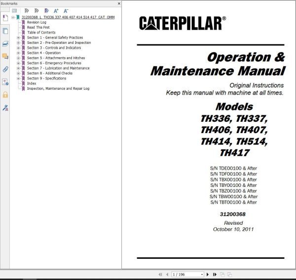 CAT Telehandler TH514 Flash Files Parts Manual Service Manual Operation And Maintenance Manual