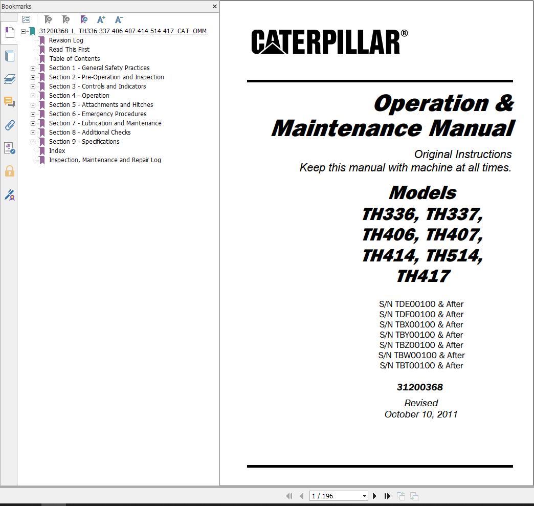 CAT Telehandler TH514 Flash Files Parts Manual Service Manual Operation And Maintenance Manual