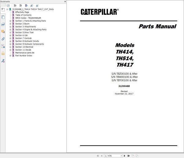 CAT Telehandler TH514 Parts Manual