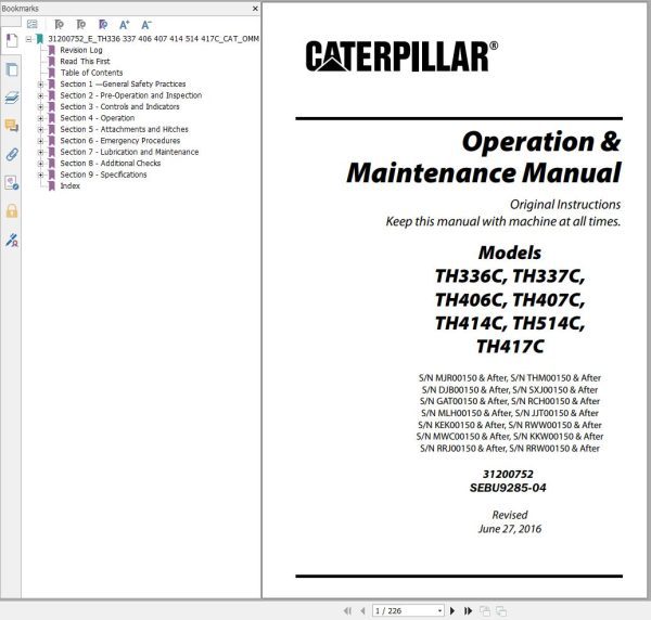 CAT Telehandler TH514C Parts Manual Service Manual Operation And Maintenance Manual