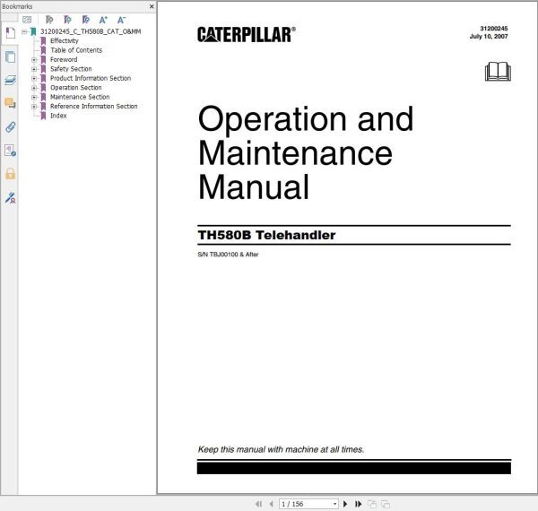 CAT Telehandler TH580B Flash Files Parts Manual Service Manual Operation And Maintenance Manual