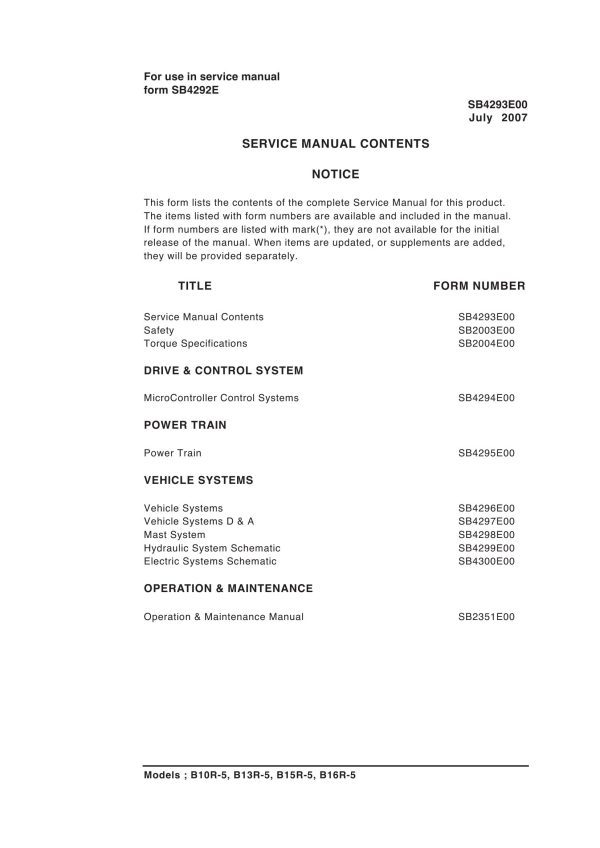 Daewoo Forklift B10R 5 to B16R 5 Service Manuals SB4293E00