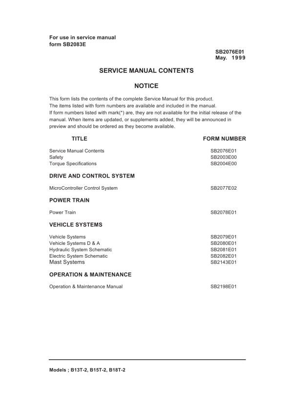 Daewoo Forklift B13T 2 to B18T 2 Service Manuals SB2076E01