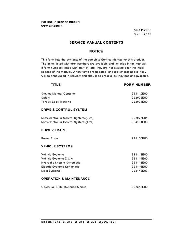 Daewoo Forklift B13T 2 to B20T 2 Service Manuals SB4112E00