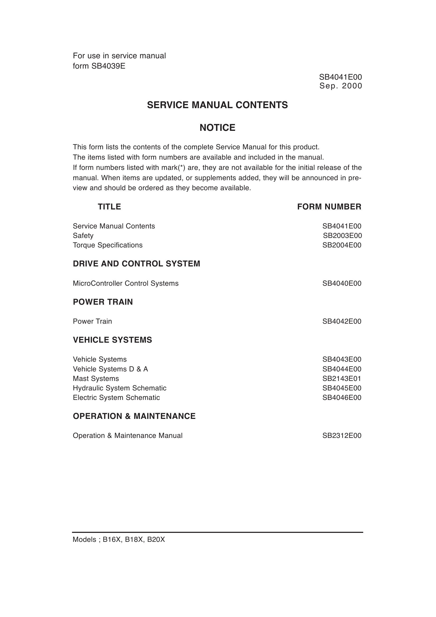 Daewoo Forklift B16X to B20X Service Manuals SB4041E00