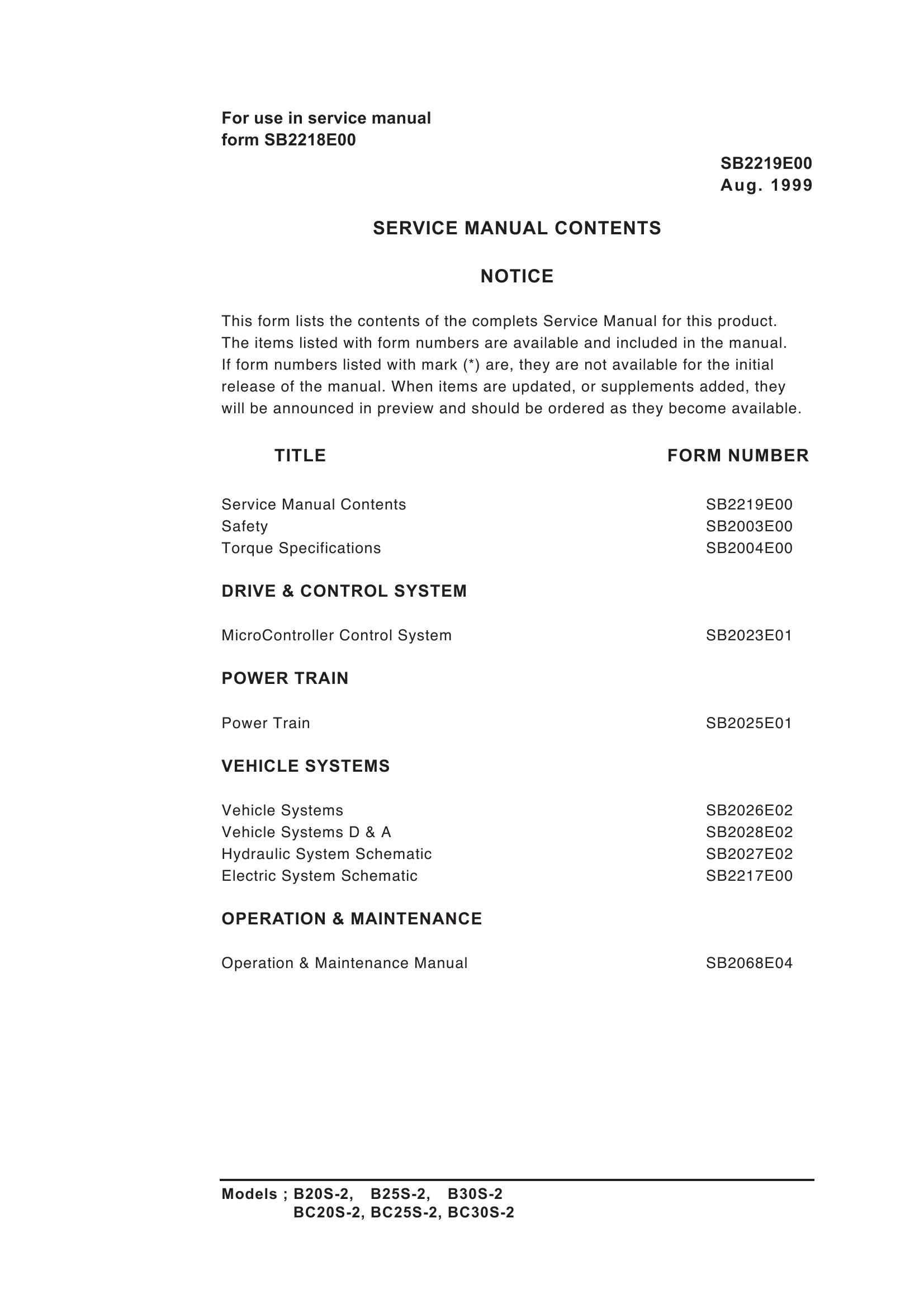 Daewoo Forklift B20S 2 to BC30S 2 Service Manuals SB2219E00