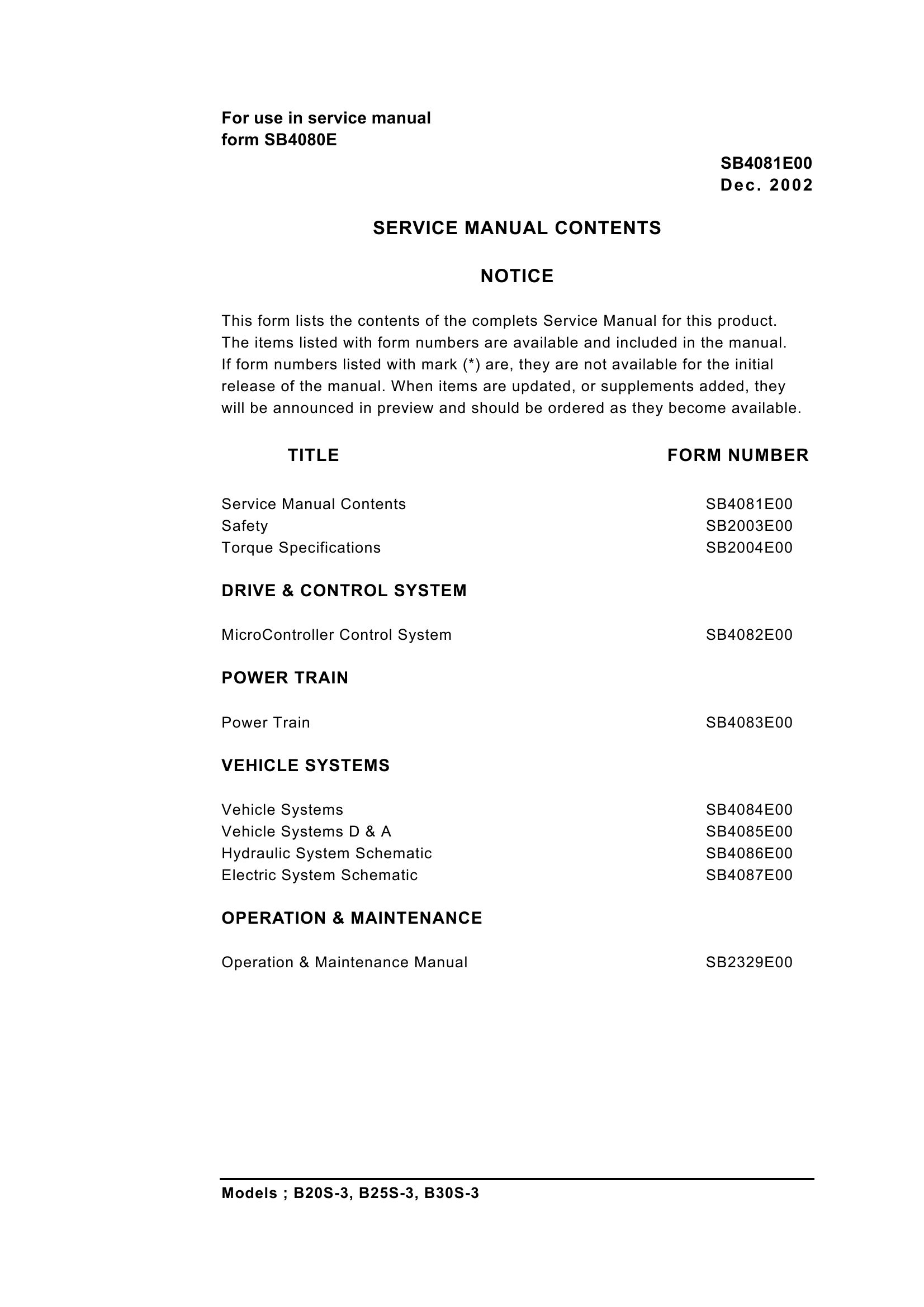 Daewoo Forklift B20S 3 to B30S 3 Service Manuals SB4081E00