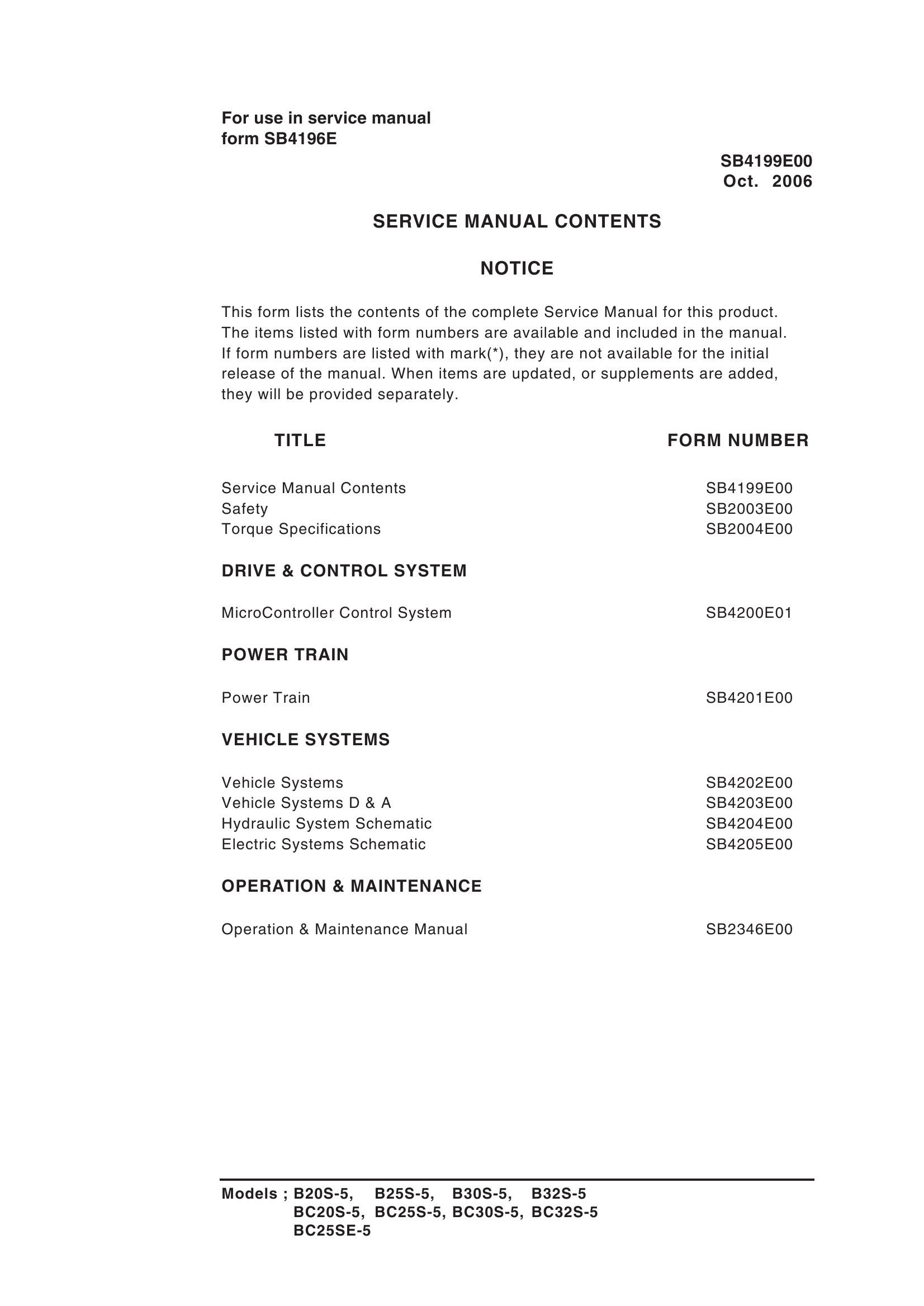 Daewoo Forklift B20S 5 to BC32S 5 Service Manuals SB4199E00