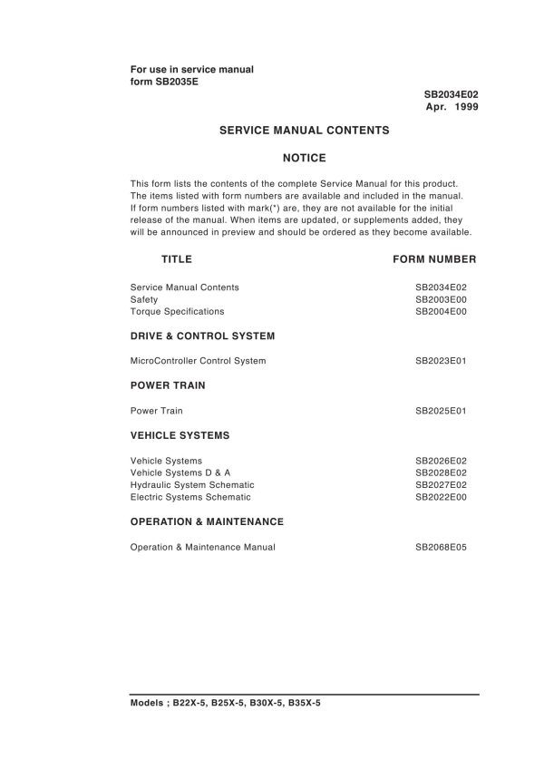 Daewoo Forklift B22X 5 to B35X 5 Service Manuals SB2034E02