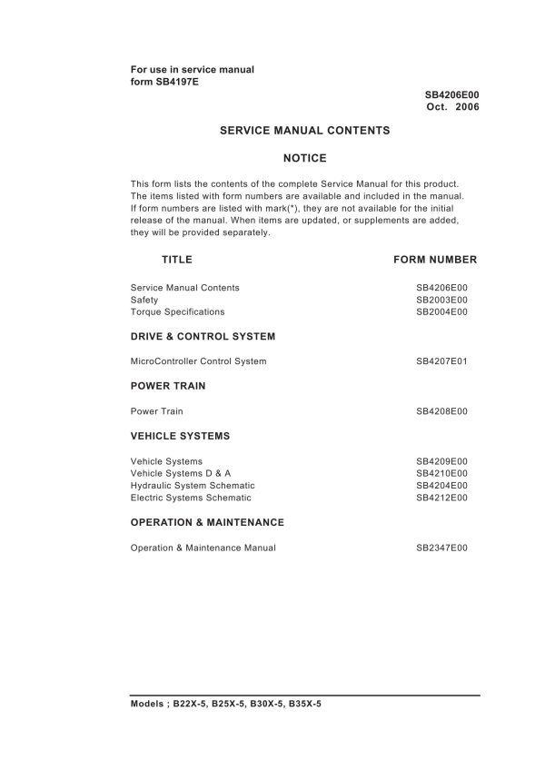 Daewoo Forklift B22X 5 to B35X 5 Service Manuals SB4206E00