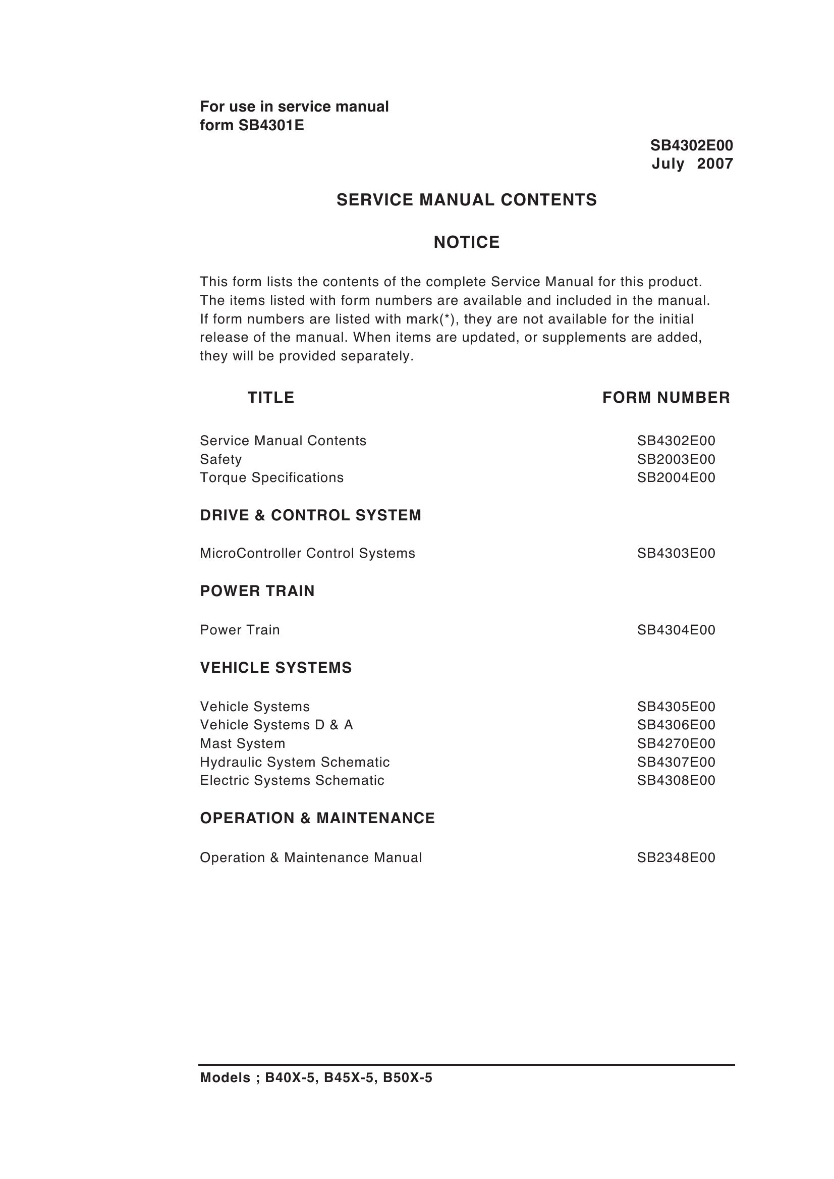 Daewoo Forklift B40X 5 to B50X 5 Service Manuals SB4302E00