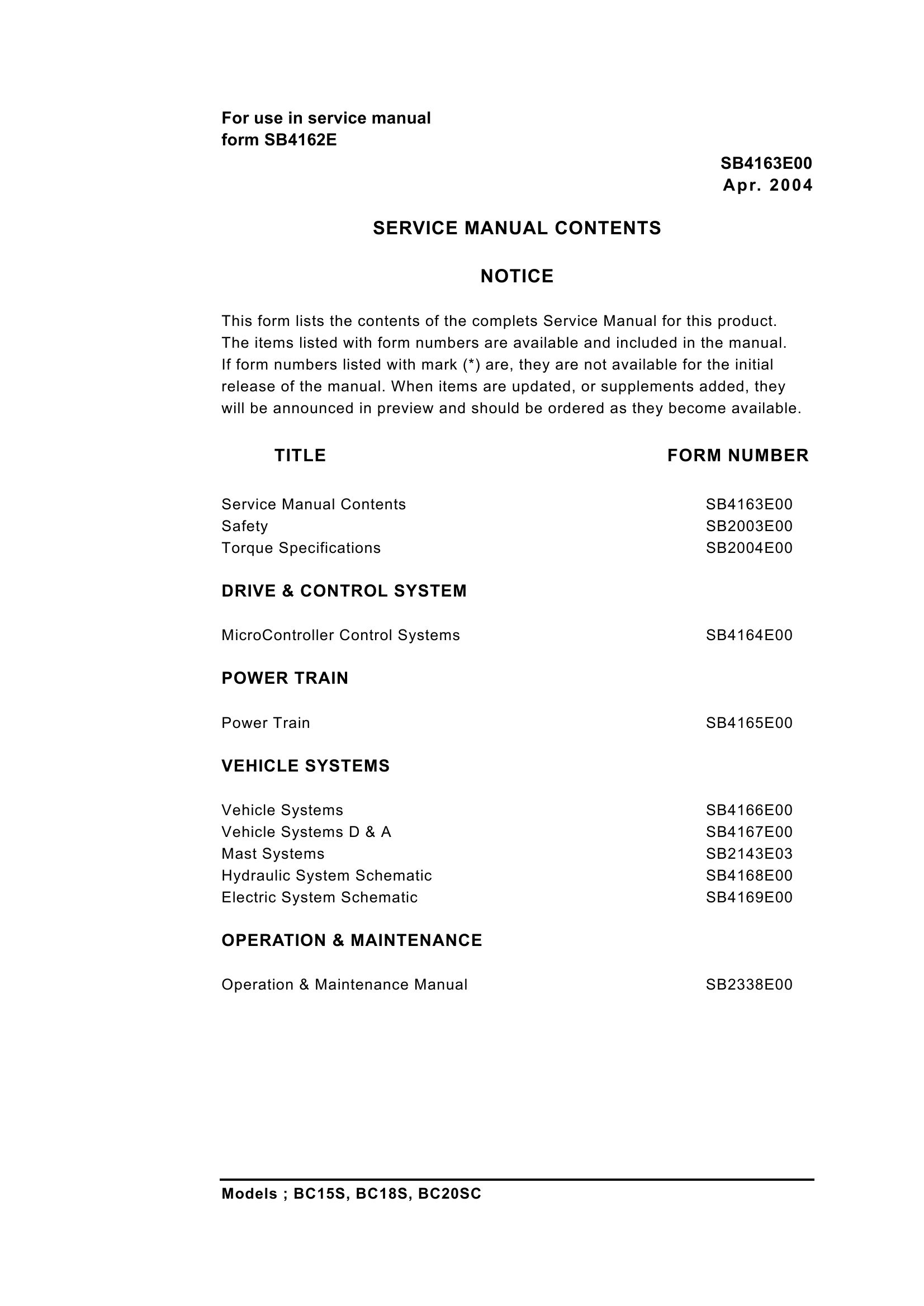 Daewoo Forklift BC15S to BC20SC Service Manuals SB4163E00