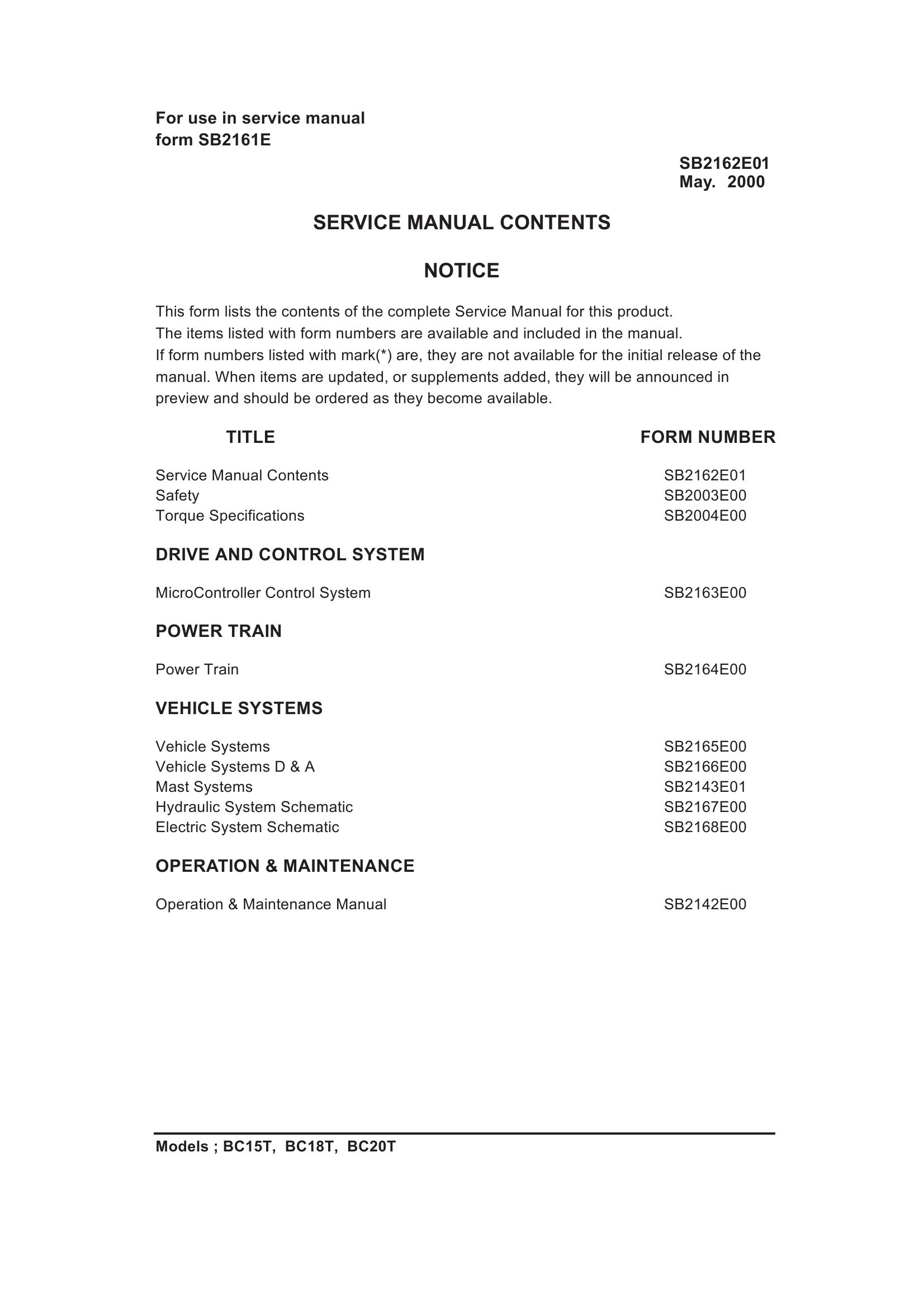 Daewoo Forklift BC15T to BC20T Service Manuals SB2162E01