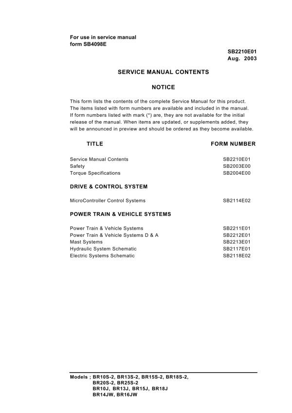 Daewoo Forklift BR10S 2 to BR16JW Service Manuals SB2210E01