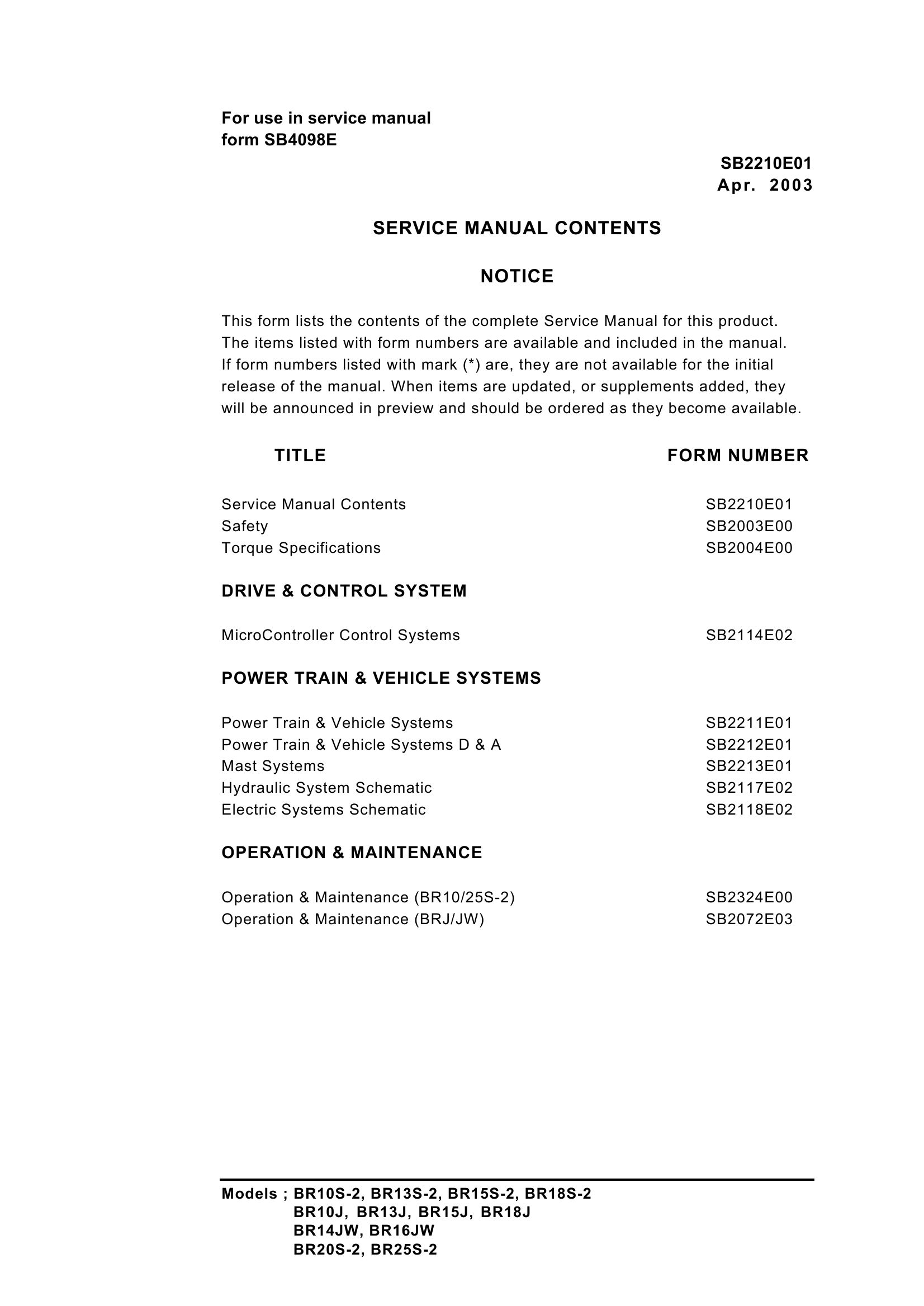 Daewoo Forklift BR10S 2 to BR25S 2 Service Manuals SB2210E01