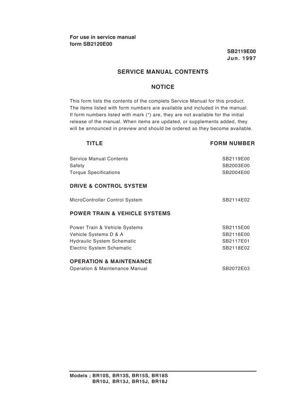 Daewoo Forklift BR10S to BR18J Service Manuals SB2119E00