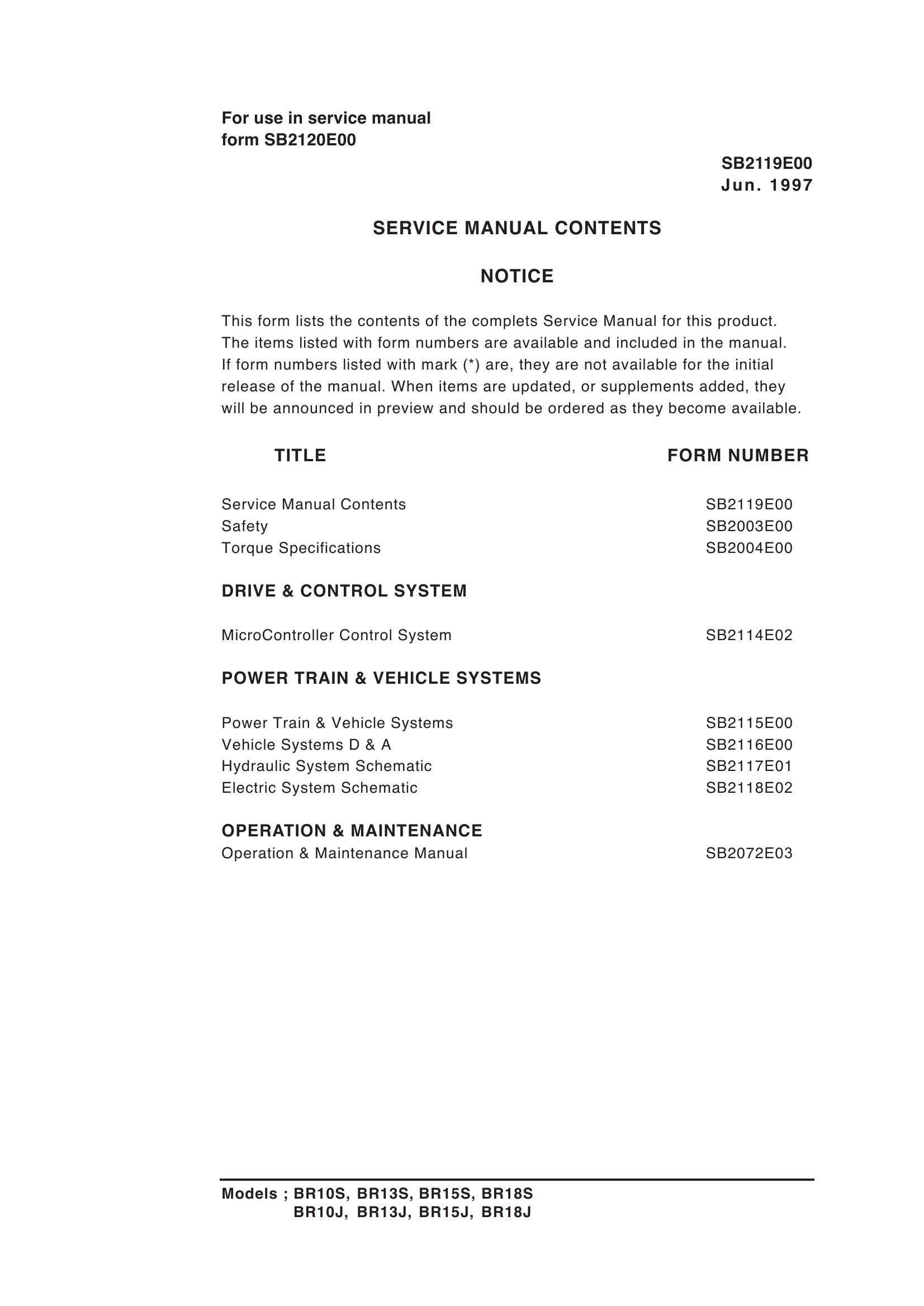 Daewoo Forklift BR10S to BR18J Service Manuals SB2119E00