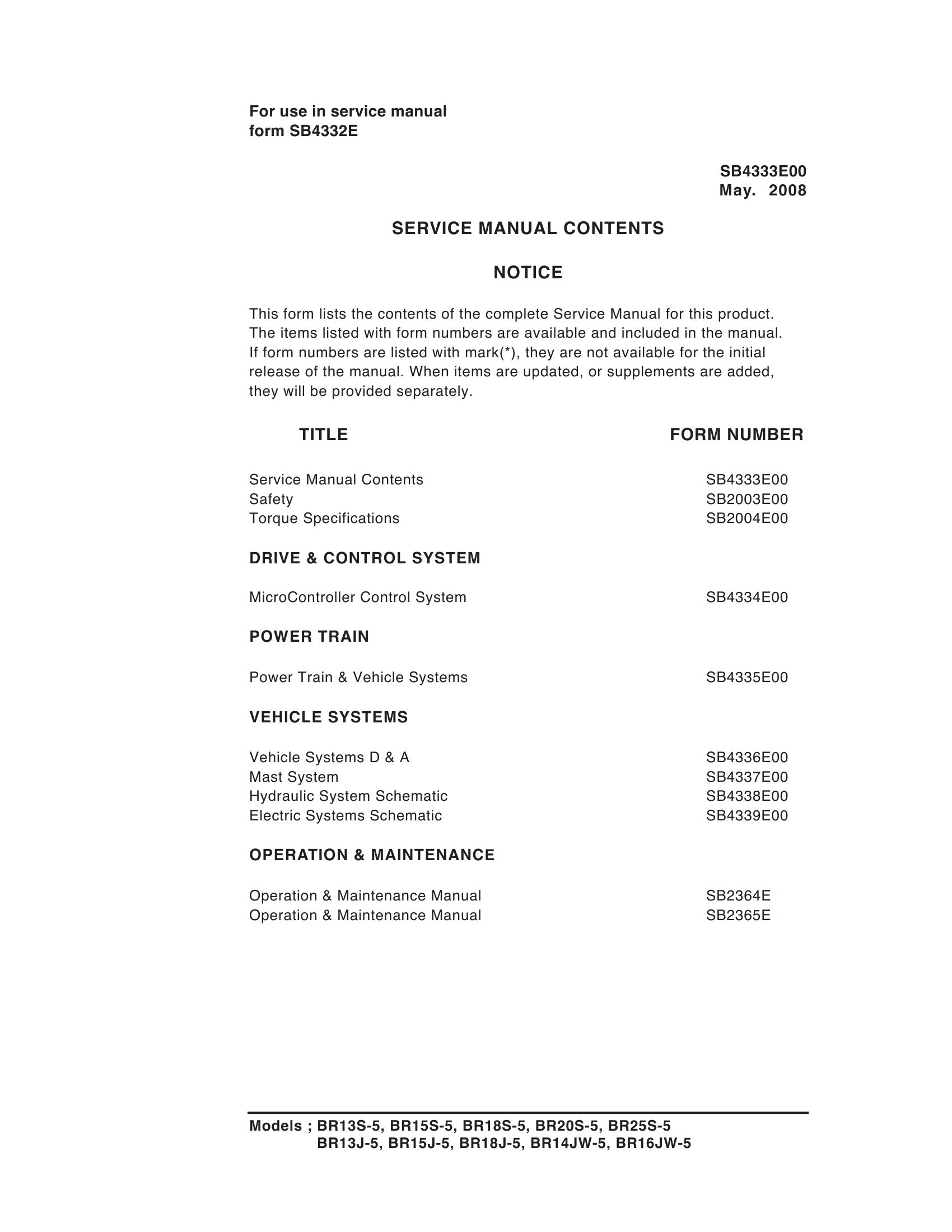 Daewoo Forklift BR13S 5 to BR16JW 5 Service Manuals SB4333E00