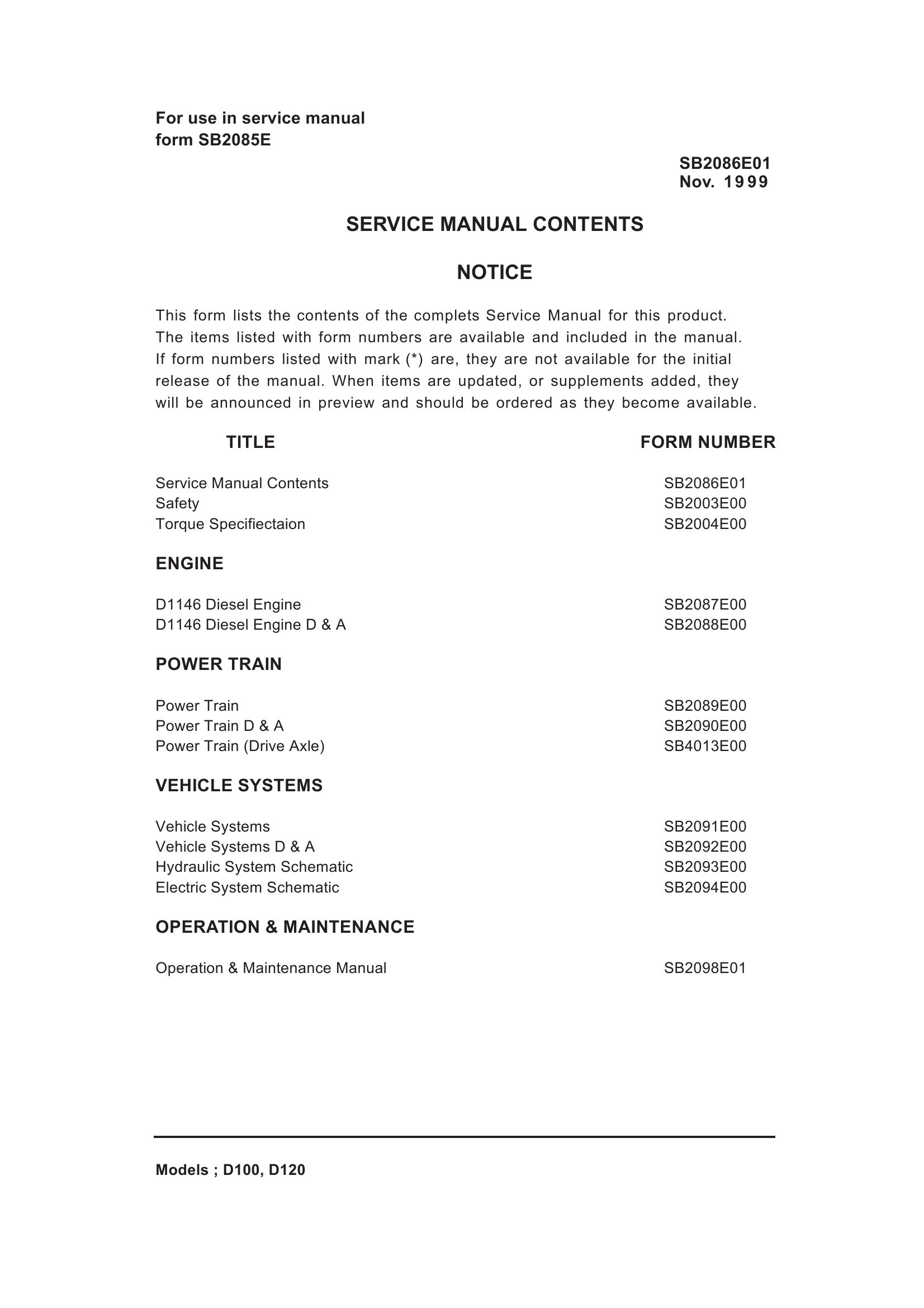 Daewoo Forklift D100 D120 Service Manuals SB2085E01 1999