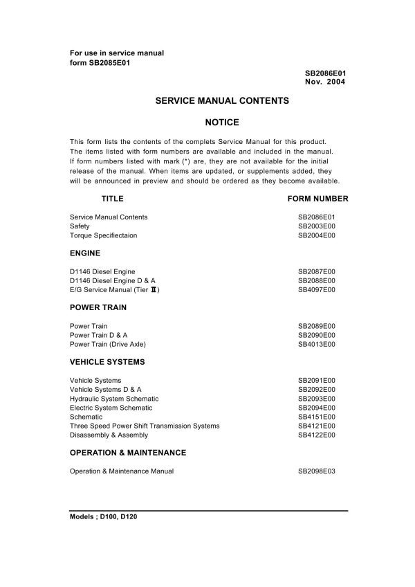 Daewoo Forklift D100 D120 Service Manuals SB2086E01 2004