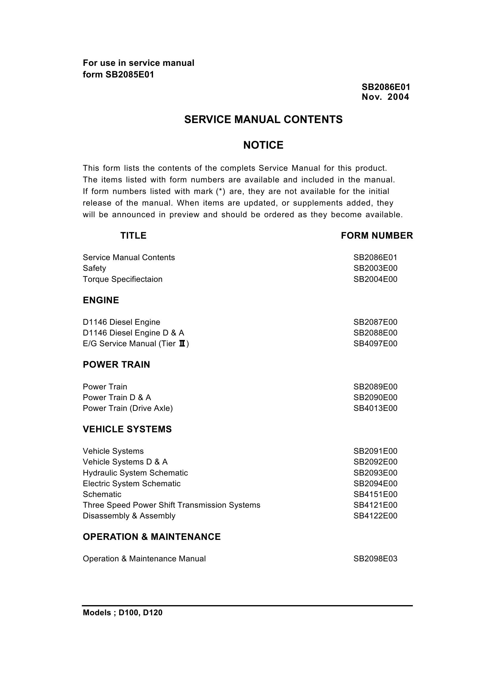 Daewoo Forklift D100 D120 Service Manuals SB2086E01 2004