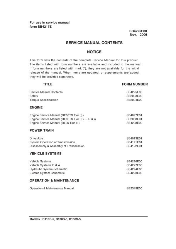 Daewoo Forklift D110S 5 to D160S 5 Service Manuals SB4225E00