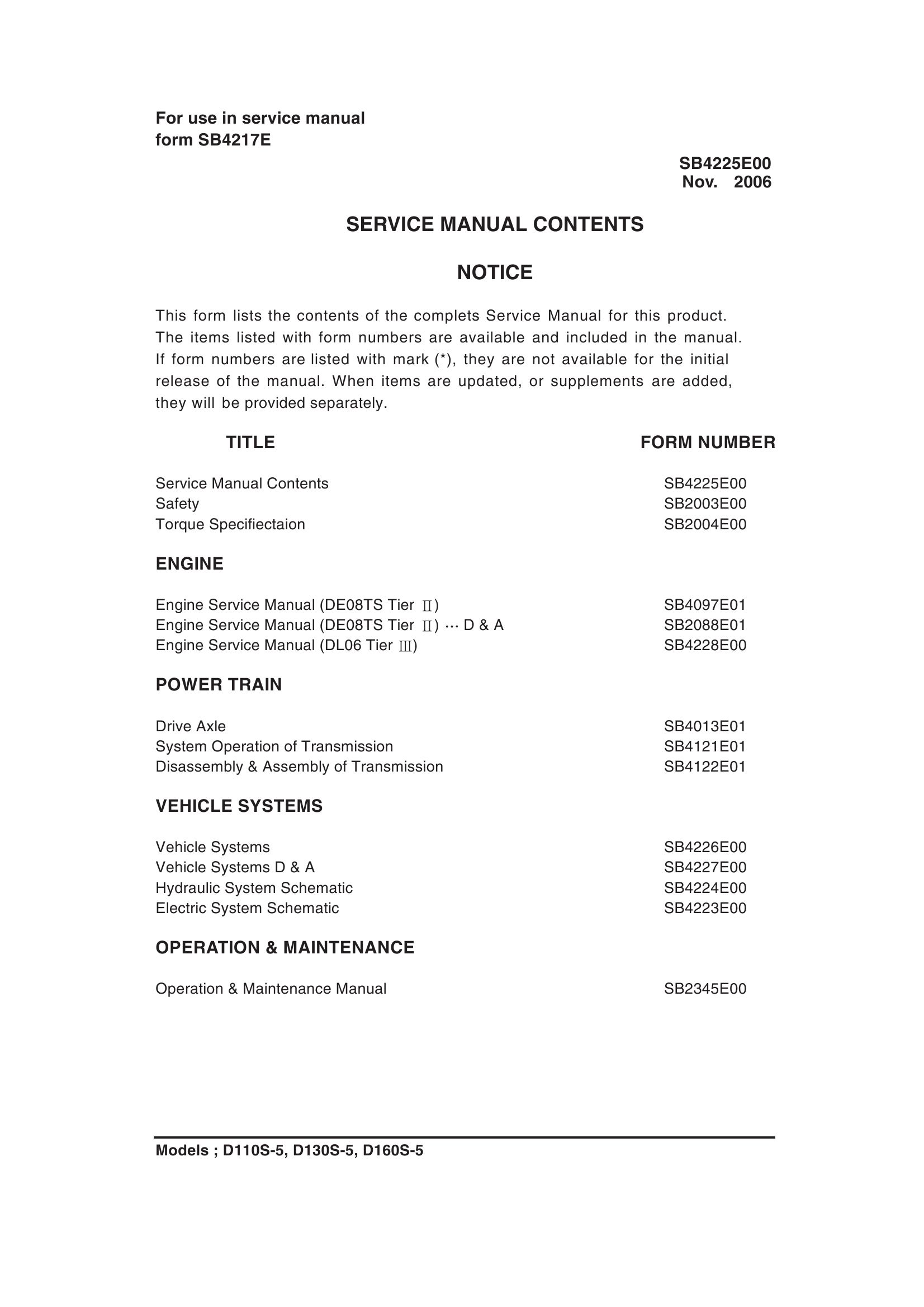 Daewoo Forklift D110S 5 to D160S 5 Service Manuals SB4225E00