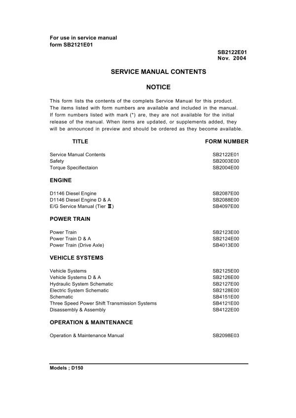 Daewoo Forklift D150 Service Manuals SB2122E01